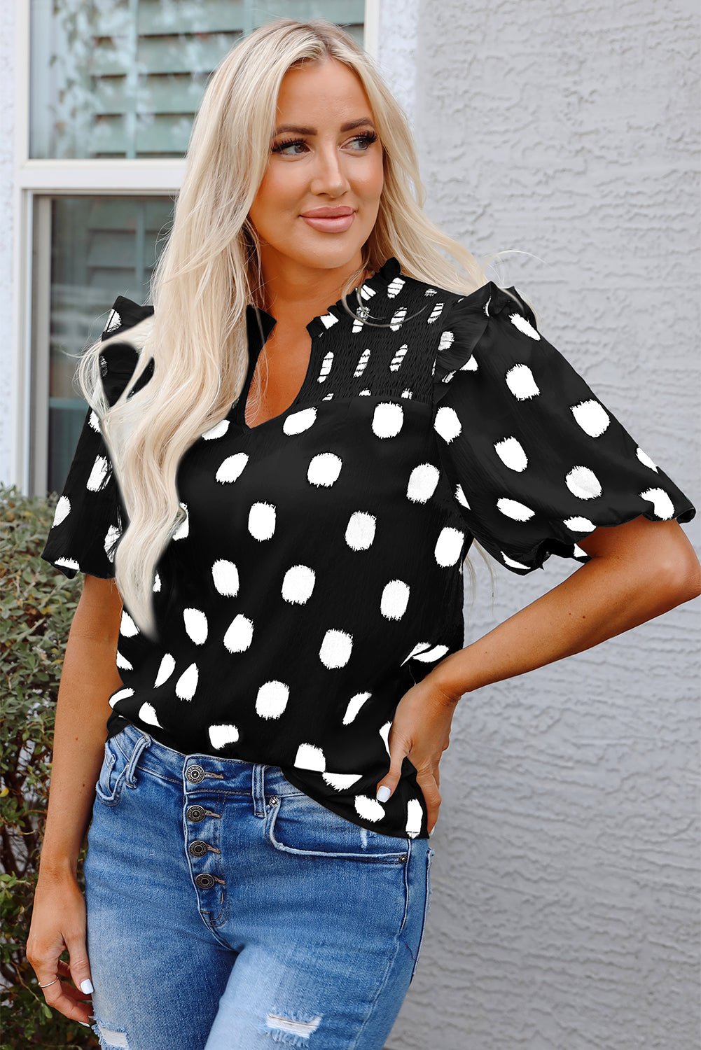 Nola Notched Balloon Sleeve Blouse - Hello Beautiful BoutiqueBlouses & ShirtsThreaded Pear