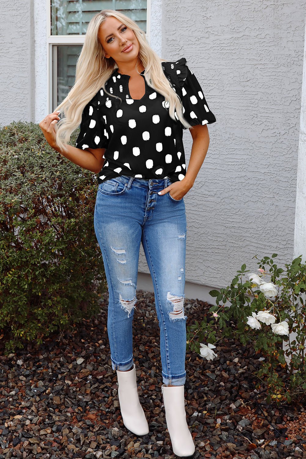 Nola Notched Balloon Sleeve Blouse - Hello Beautiful BoutiqueBlouses & ShirtsThreaded Pear