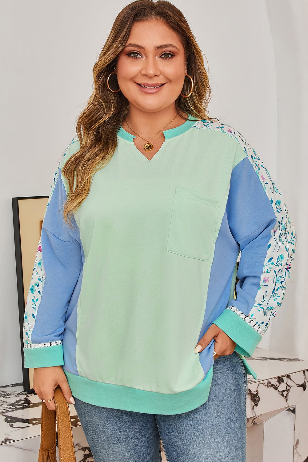 Opal Sleeve Notched top Long Sleeve PLUS Top - Hello Beautiful BoutiquePlus Size Long Sleeve TopsThreaded Pear