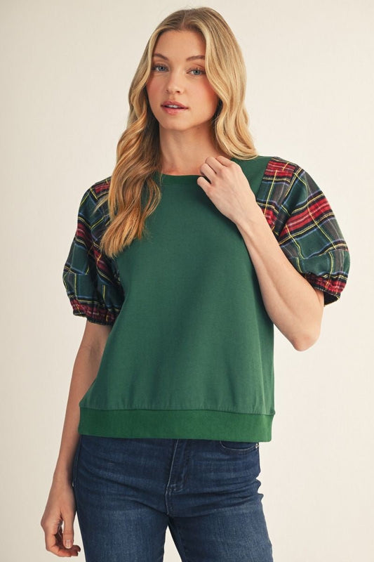 Plaid Contrast Puff Sleeve Top H50836 - Hello Beautiful BoutiqueTopJodifl
