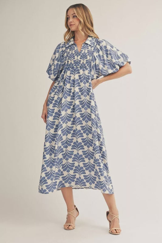 Plus Size Boho Floral Smocked Midi Dress with Puff Sleeves - Hello Beautiful BoutiqueDressJodifl