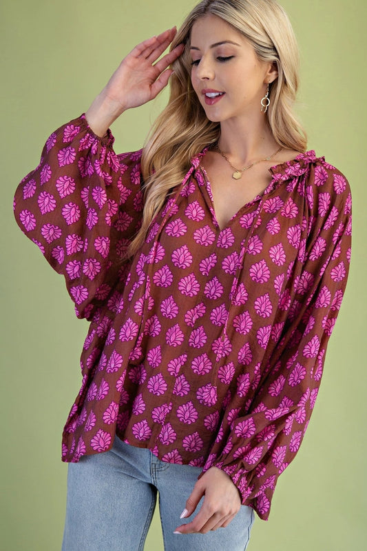 Printed Blouse w/ Tie Neck TG1873 - Hello Beautiful BoutiqueTopGigio