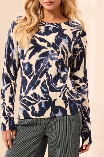 PRINTED CABLE COTTON CREW NECK SWEATER-BLUE FOG - Hello Beautiful BoutiqueSweaterTribal