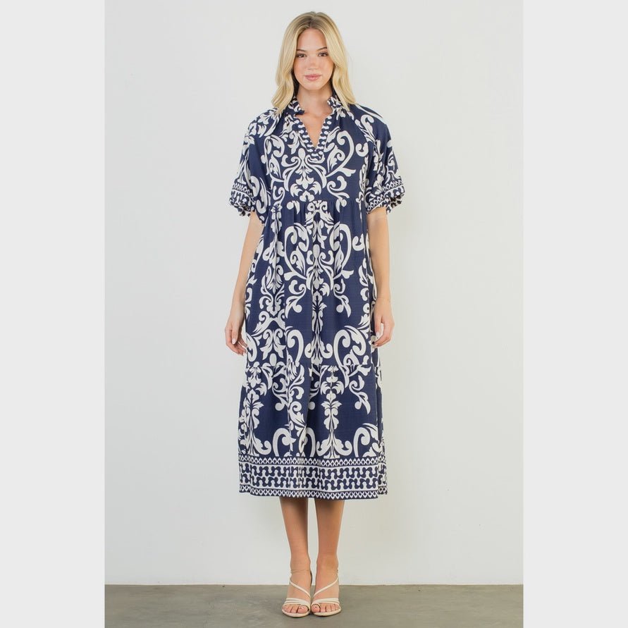 Puff Sleeve Printed Midi WCT3176 - Hello Beautiful BoutiqueDressTHML