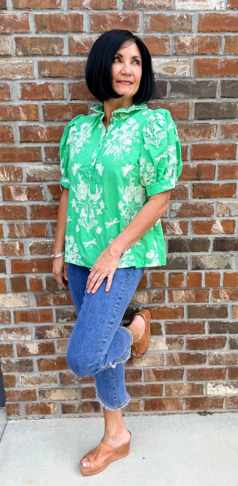 Puff Sleeve Top with Scalloped Ruffle Mock Neck T30155 - Hello Beautiful BoutiqueTopEntro