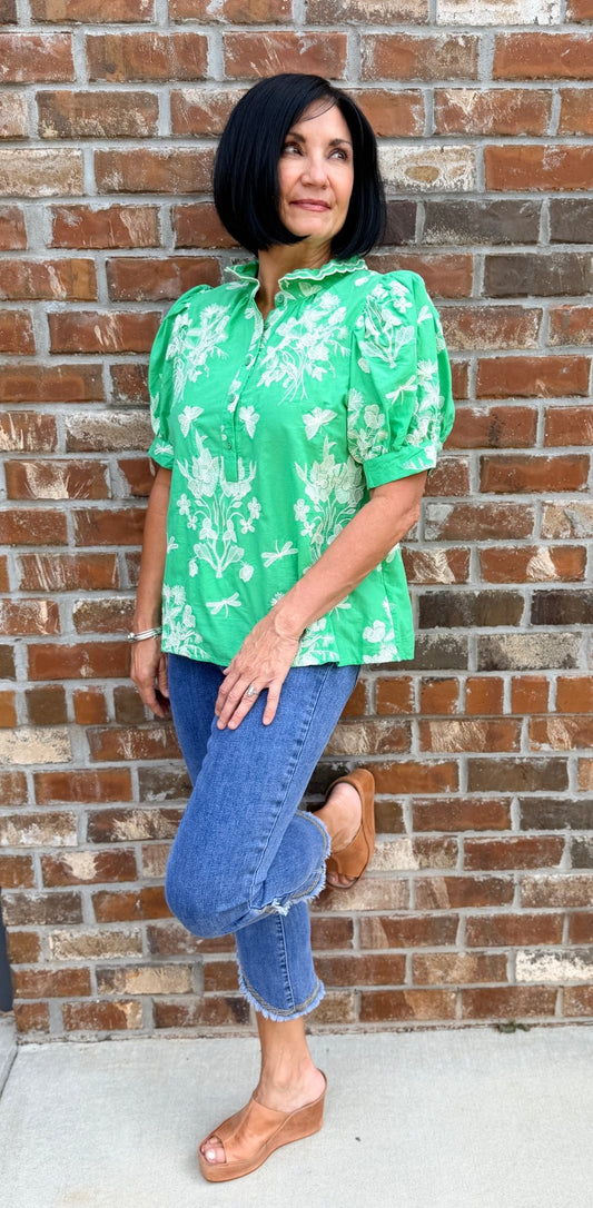 Puff Sleeve Top with Scalloped Ruffle Mock Neck T30155 - Hello Beautiful BoutiqueTopEntro