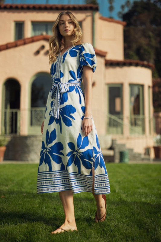 Puff Sleeve Tropical Midi Dress B50593 - Hello Beautiful BoutiqueJodifl