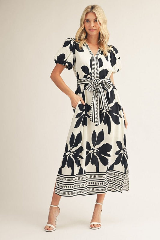 Puff Sleeve Tropical Midi Dress B50593 - Hello Beautiful BoutiqueJodifl
