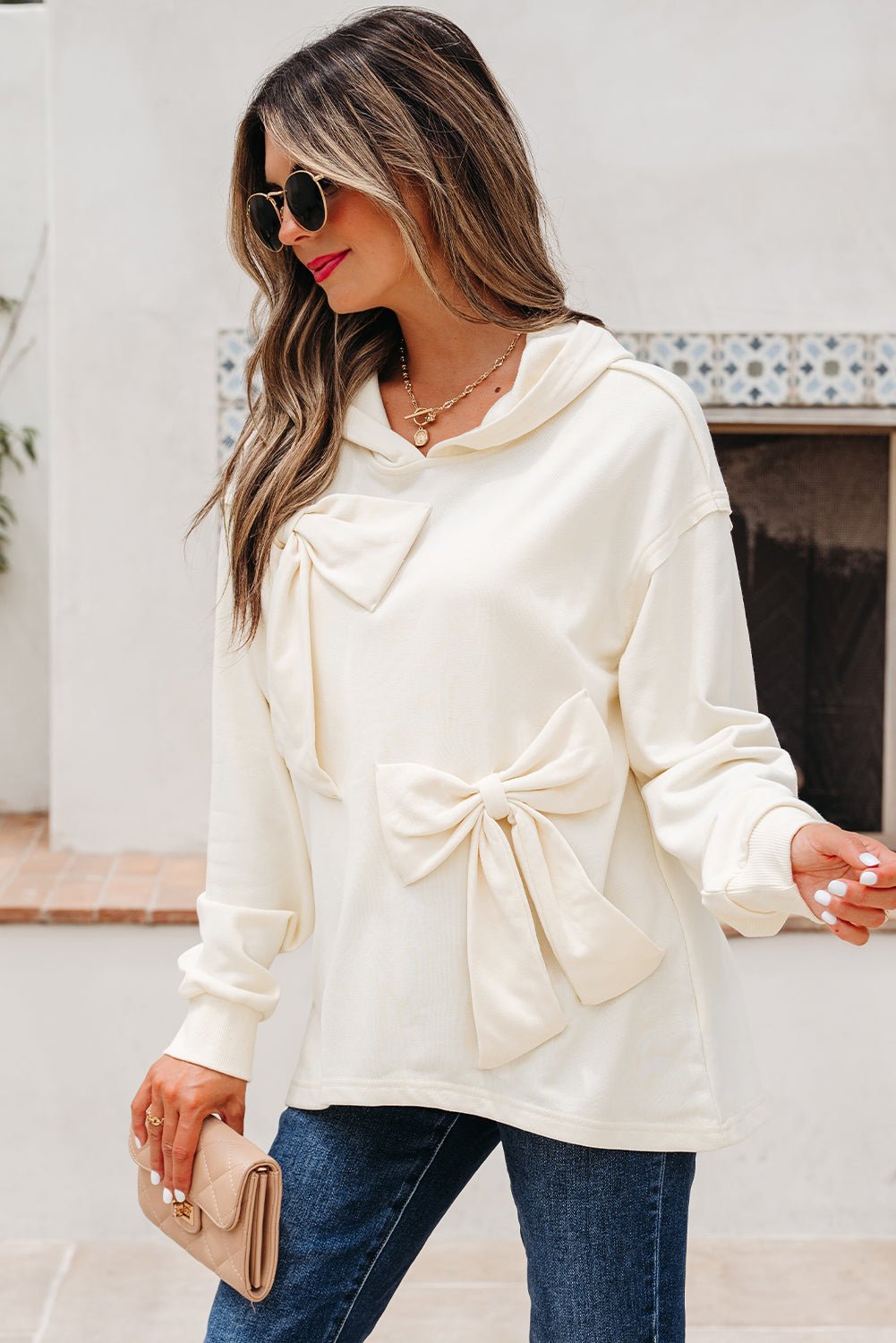 Raegwen Bow Detail Loose Hoodie - Hello Beautiful BoutiqueSweatshirts & HoodiesThreaded Pear