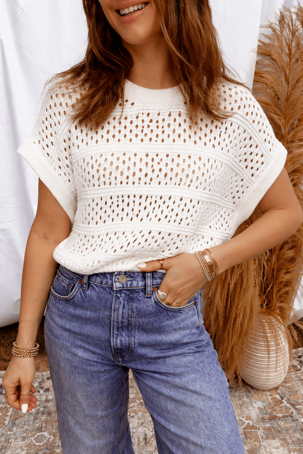 Rayna Out Knit Dolman Sweater - Hello Beautiful BoutiqueShort Sleeve SweatersThreaded Pear