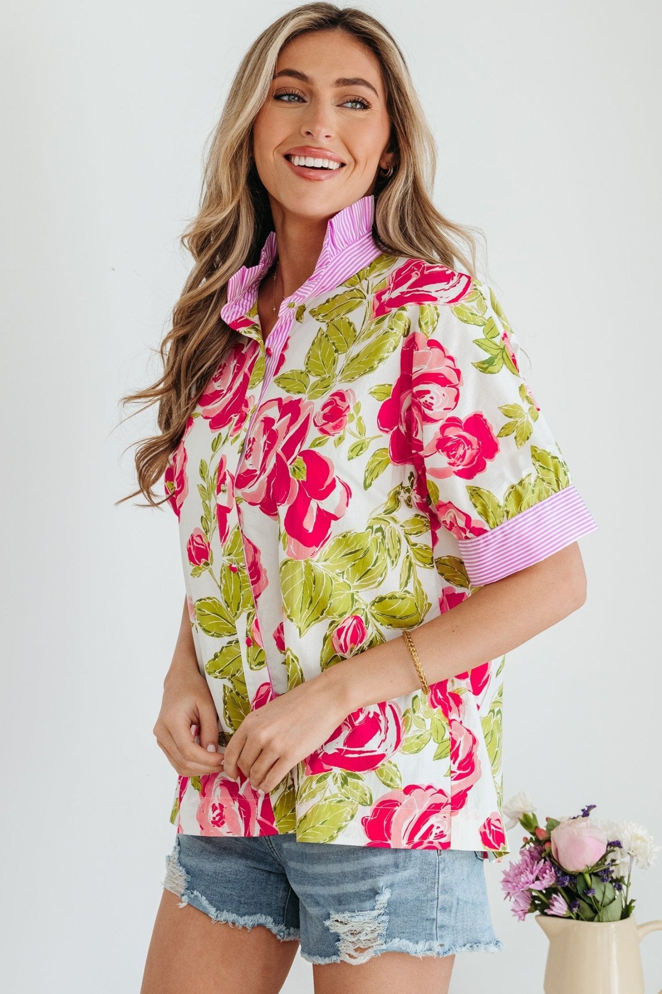 Rebekah Collar Short Sleeve Shirt - Hello Beautiful BoutiqueBlouses & ShirtsThreaded Pear
