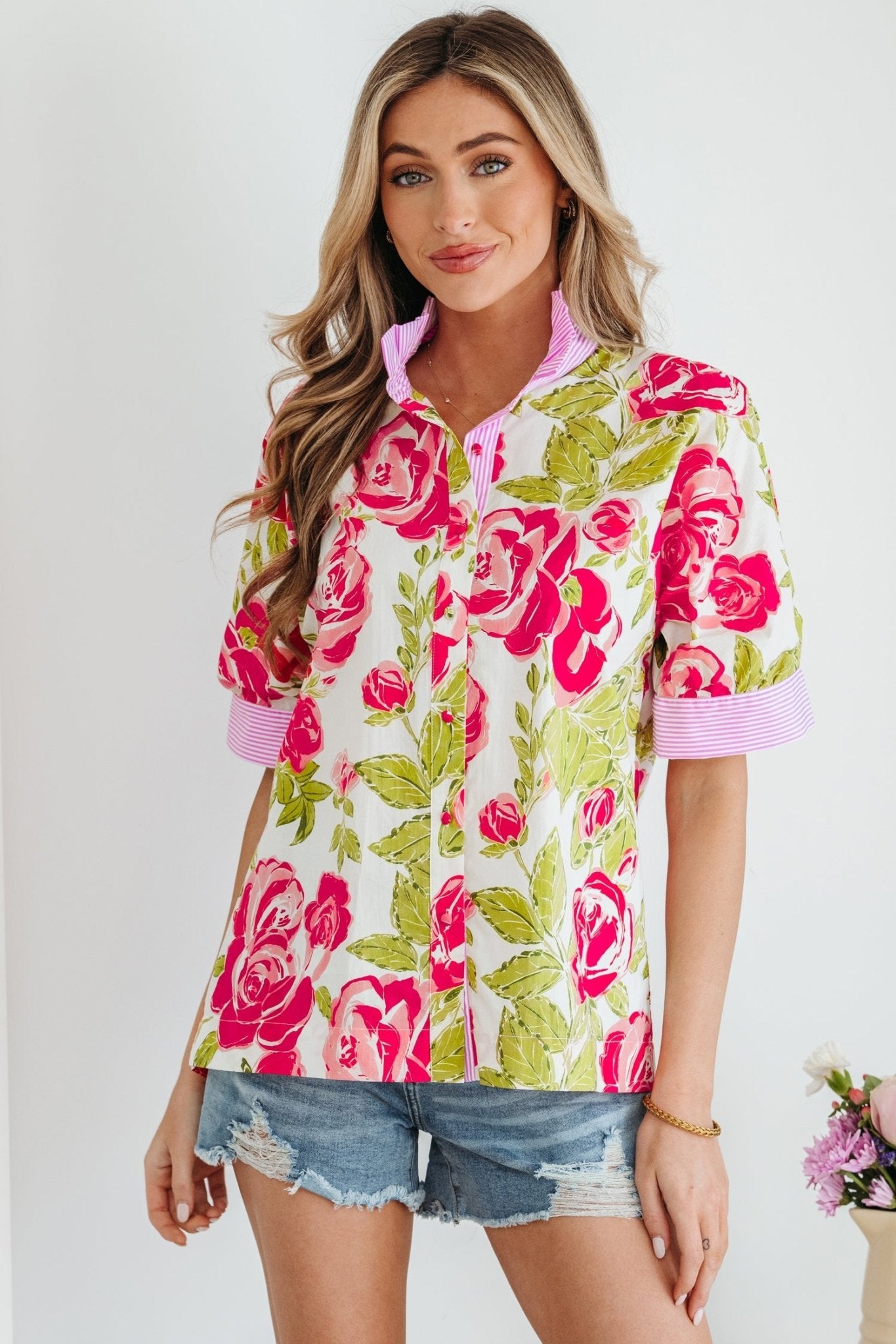 Rebekah Collar Short Sleeve Shirt - Hello Beautiful BoutiqueBlouses & ShirtsThreaded Pear