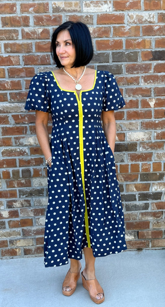 Retro Polka Dot Puff Sleeve Midi Dress with Contrast Trim D30640 - Hello Beautiful BoutiqueDressEntro