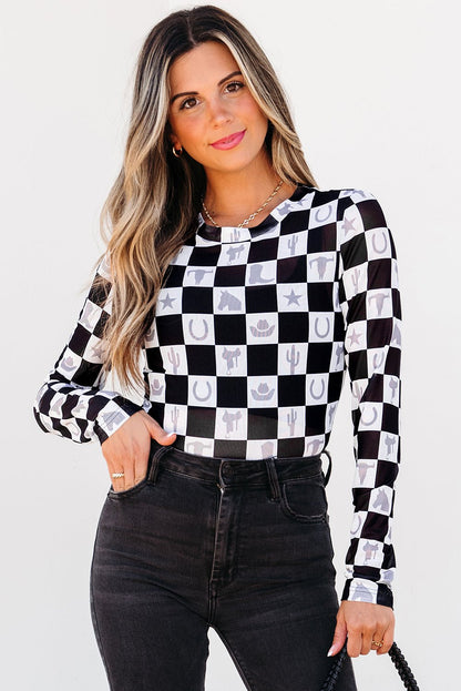 Rosalina Pattern Mesh Mock Long Sleeve Top - Hello Beautiful BoutiqueLong Sleeve TopsThreaded Pear