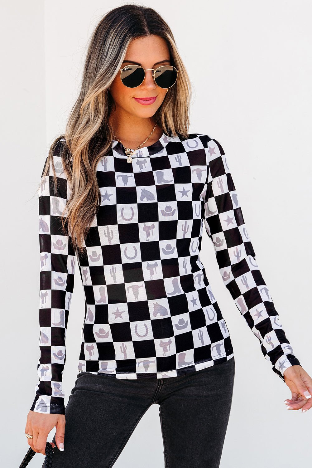 Rosalina Pattern Mesh Mock Long Sleeve Top - Hello Beautiful BoutiqueLong Sleeve TopsThreaded Pear