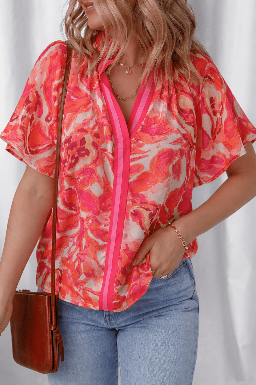 Rosalyn Print Striped Trim Blouse - Hello Beautiful BoutiqueBlouses & ShirtsThreaded Pear