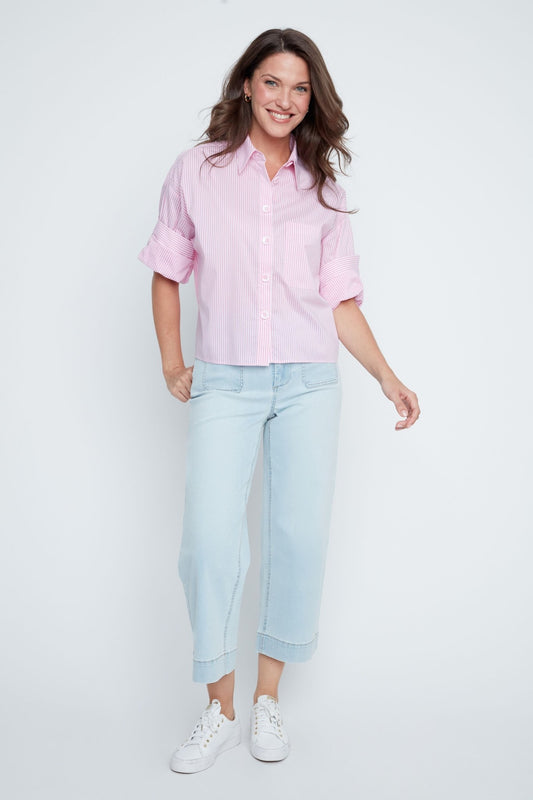 Rosie Pink Striped Woven Button - Down Top – Chic Short Sleeve Blouse - Hello Beautiful BoutiqueTopRenuar