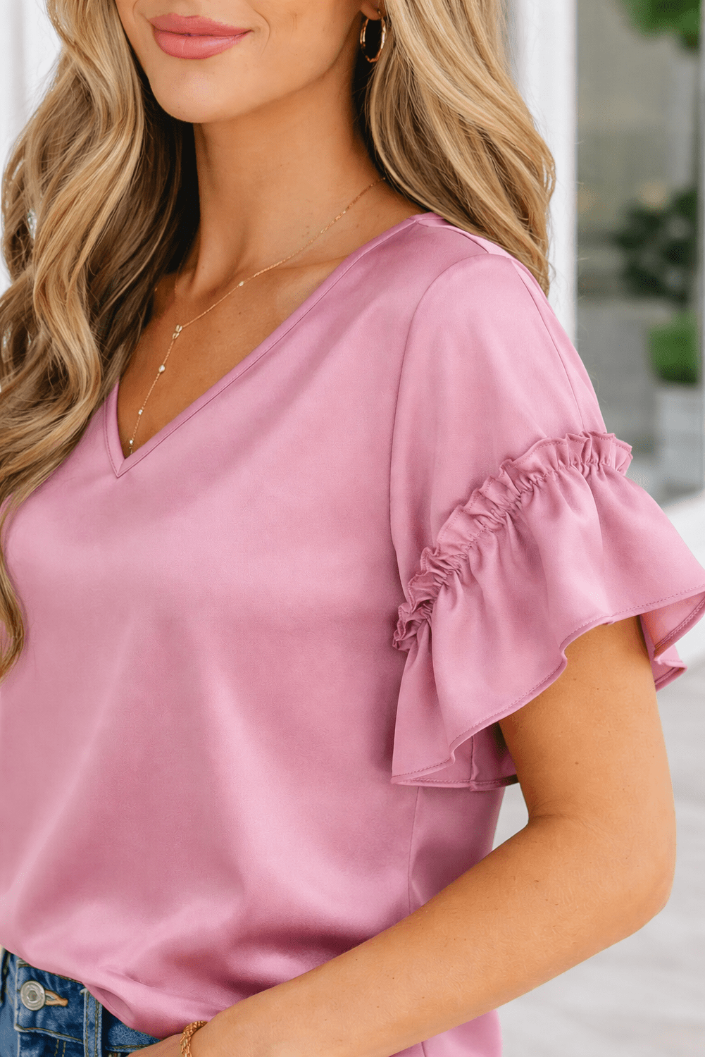 Ruth Satin Ruffle Sleeve Top - Hello Beautiful BoutiqueTops & TeesThreaded Pear