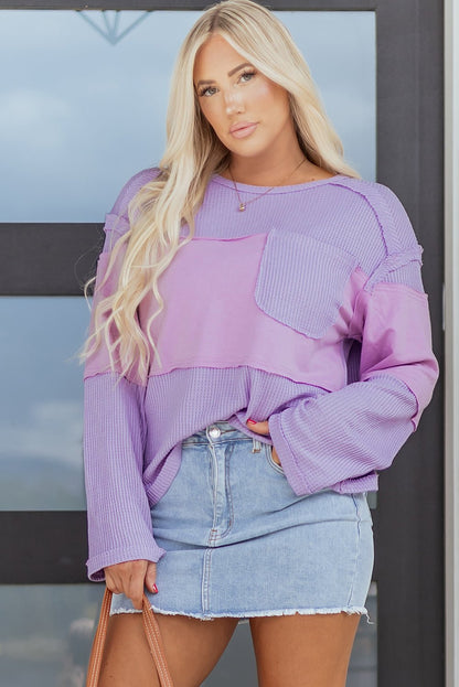 Sawyer Contrast Textured Patchwork Long Sleeve Top - Hello Beautiful BoutiqueLong Sleeve TopsThreaded Pear
