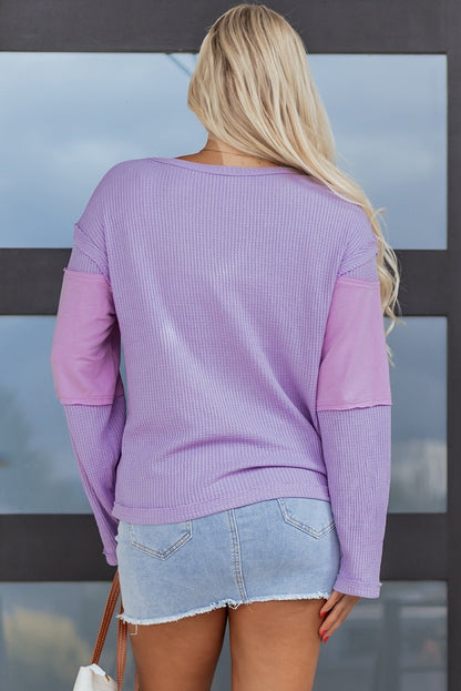 Sawyer Contrast Textured Patchwork Long Sleeve Top - Hello Beautiful BoutiqueLong Sleeve TopsThreaded Pear