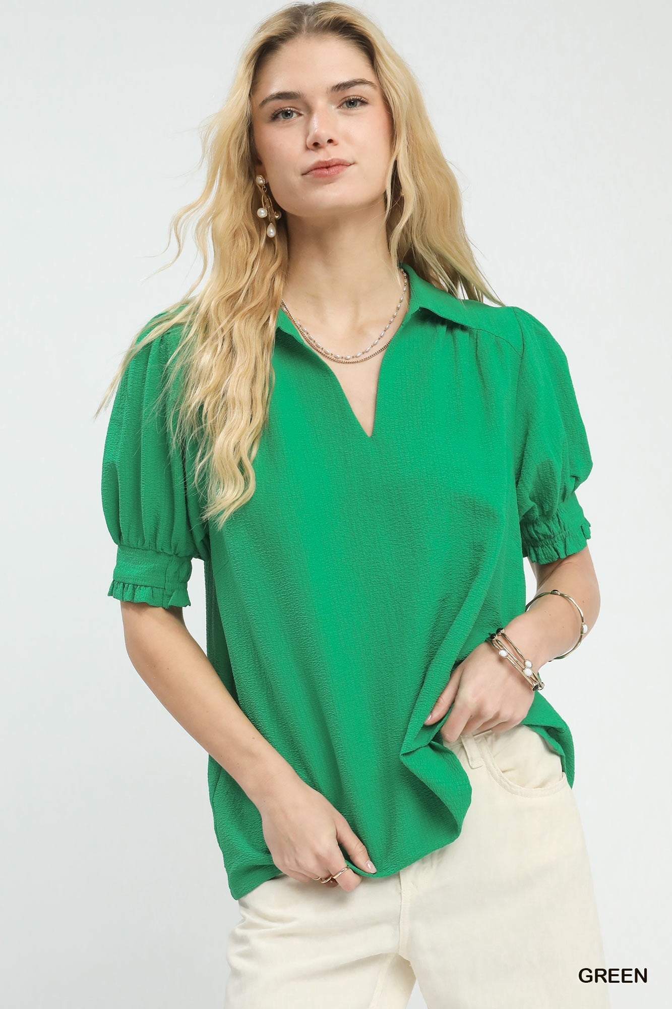 Seersucker Puff Sleeve Blouse C6199 - Hello Beautiful BoutiqueTopUmgee