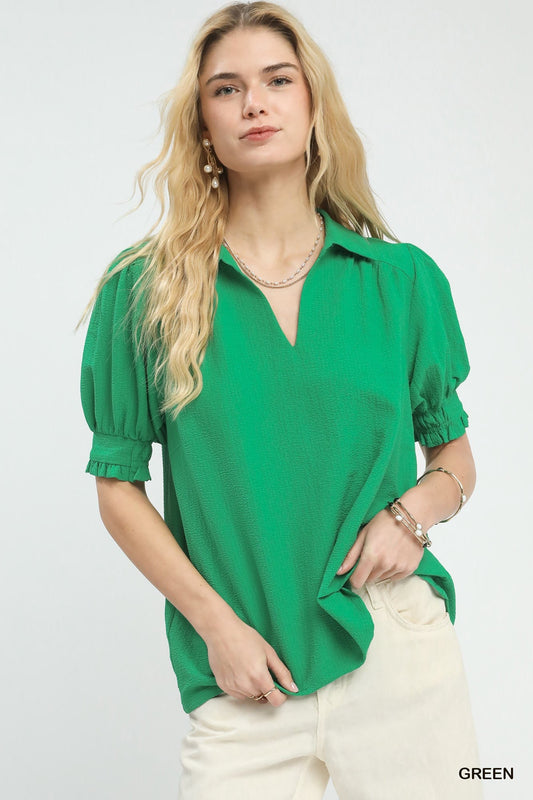 Seersucker Puff Sleeve Blouse C6199 - Hello Beautiful BoutiqueTopUmgee