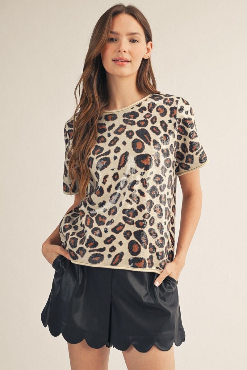 Sequin Leopard Short-Sleeve Sweater - Hello Beautiful BoutiqueSweaterJodifl