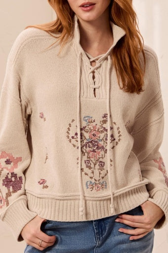 Tribal Floral Embroidered Lace-Up Mock-Neck Sweater in Chantilly