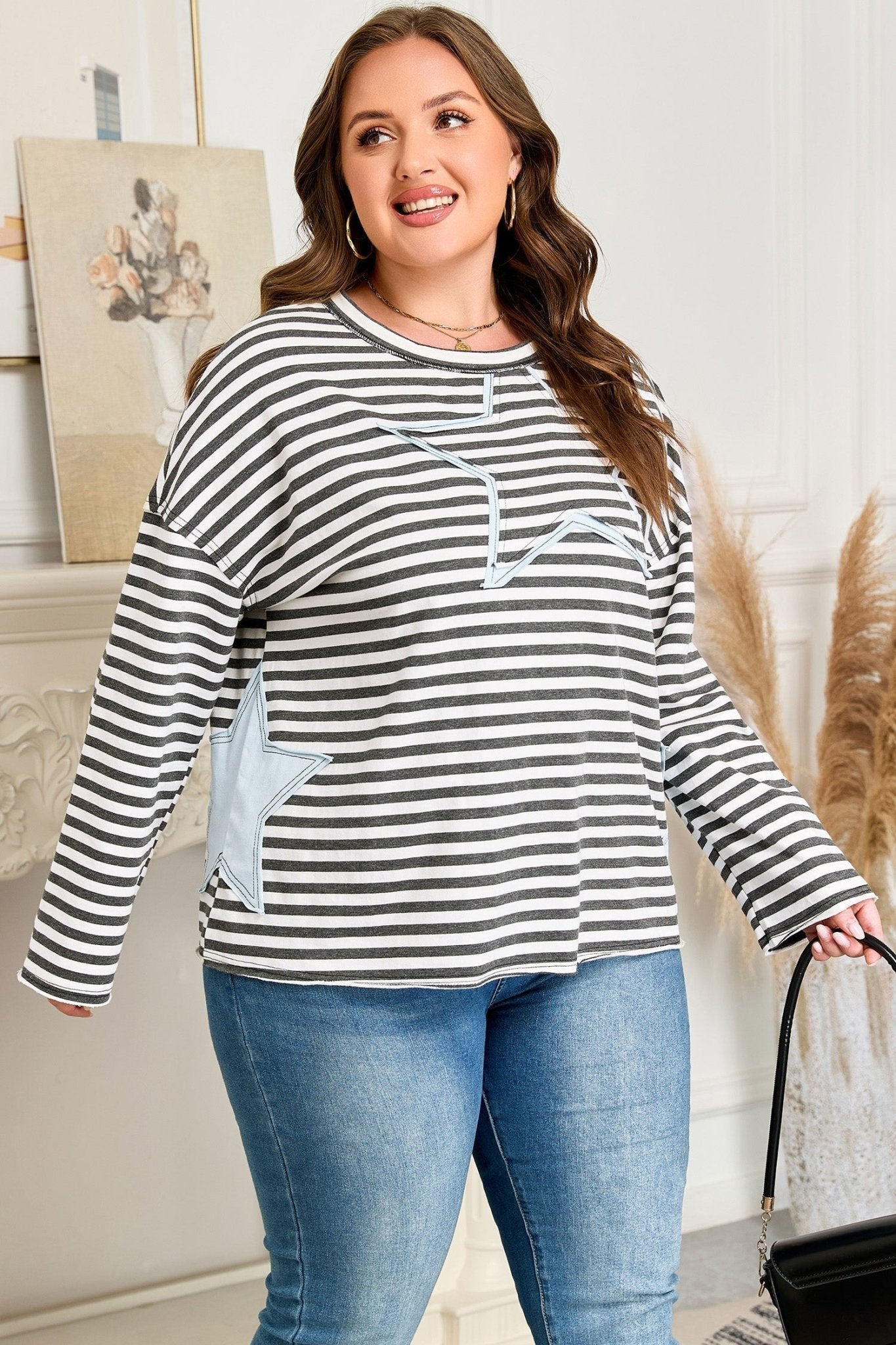 Sevyn Contrast Star Stitched Long Sleeve PLUS Top - Hello Beautiful BoutiquePlus Size Long Sleeve TopsThreaded Pear