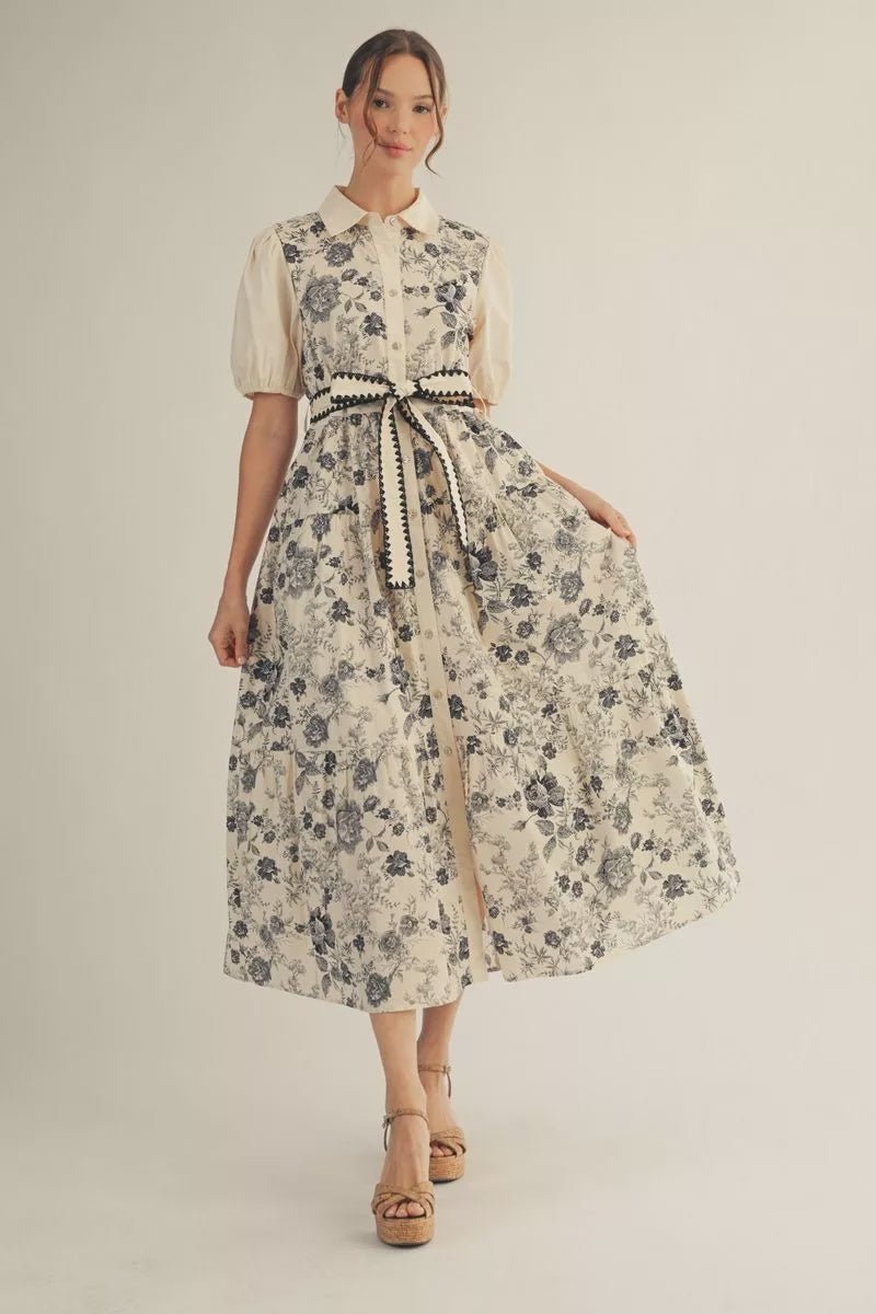 Short Sleeve Button Down Tiered Floral Midi Dress with Waist Tie - Hello Beautiful BoutiqueDressJodifl