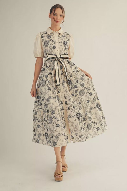 Short Sleeve Button Down Tiered Floral Midi Dress with Waist Tie - Hello Beautiful BoutiqueDressJodifl
