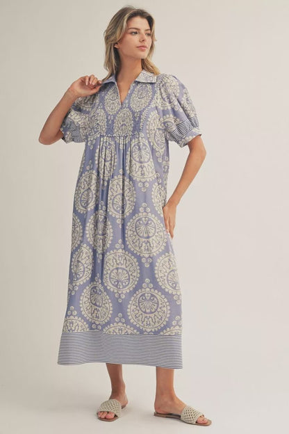 Short Sleeve Geo Floral Midi Dress with Stripe Contrast Detail - Hello Beautiful BoutiqueDressJodifl
