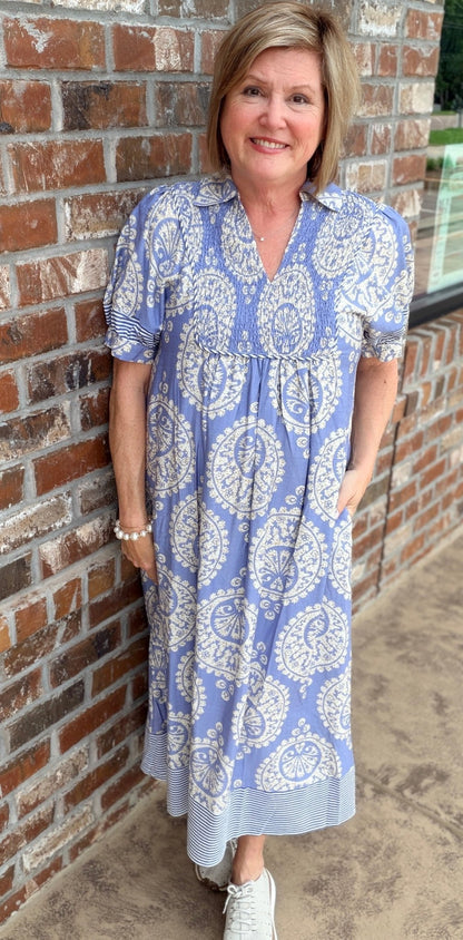 Short Sleeve Geo Floral Midi Dress with Stripe Contrast Detail - Hello Beautiful BoutiqueDressJodifl