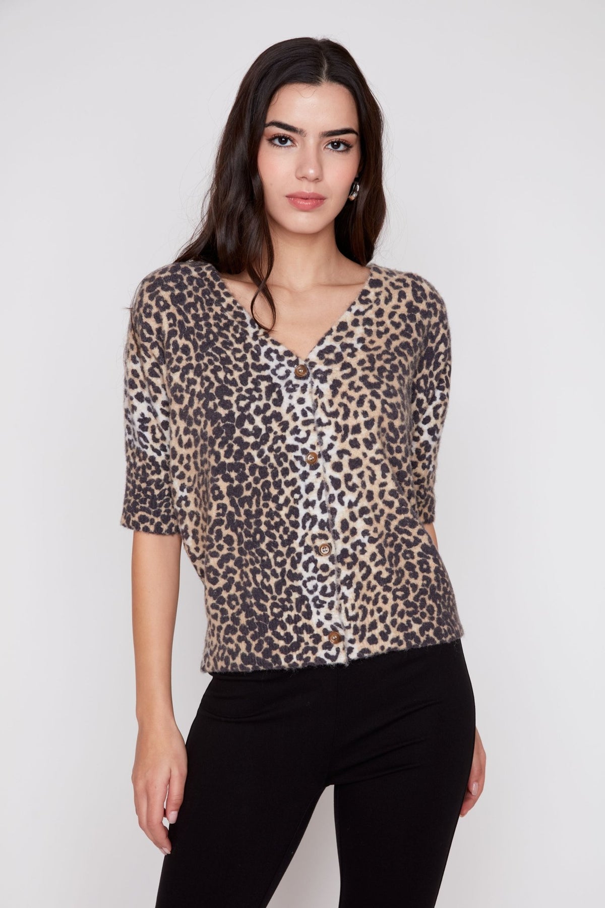 Soft Leopard Button-Front V-Neck Sweater R6007 - Hello Beautiful BoutiqueSweaterRenuar