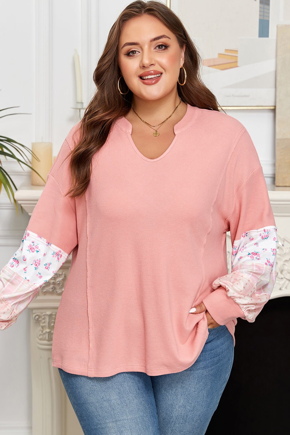 Soraya Waffle Knit Notched PLUS Top - Hello Beautiful BoutiquePlus Size Long Sleeve TopsThreaded Pear