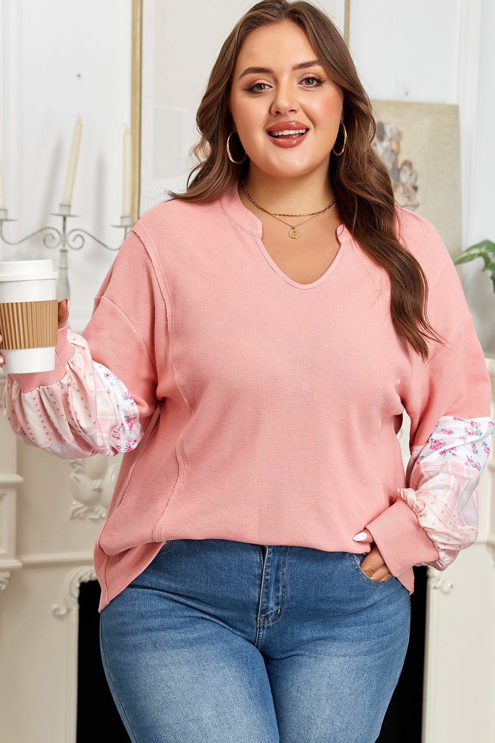 Soraya Waffle Knit Notched PLUS Top - Hello Beautiful BoutiquePlus Size Long Sleeve TopsThreaded Pear