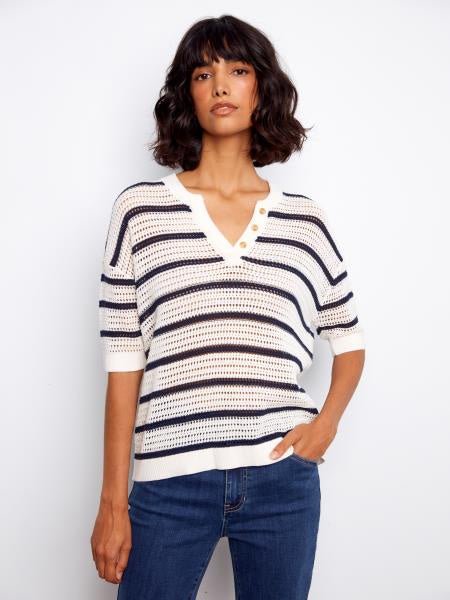 Striped Elbow Sleeve Crochet Sweater C2973 - Hello Beautiful BoutiqueSweaterCharlie B