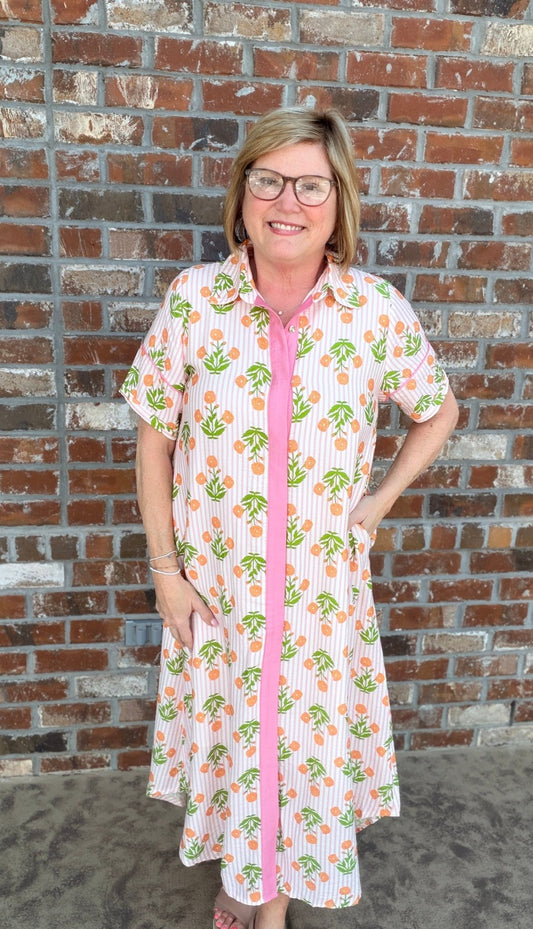 Striped Floral Maxi Shirt Dress with Short Sleeves and a Covered Placket - Hello Beautiful BoutiqueDressGigio