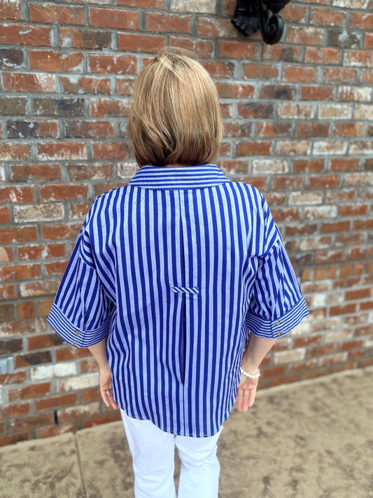Striped Short Sleeve Button tab Top T31514 - Hello Beautiful BoutiqueTopEntro