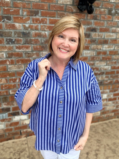 Striped Short Sleeve Button tab Top T31514 - Hello Beautiful BoutiqueTopEntro