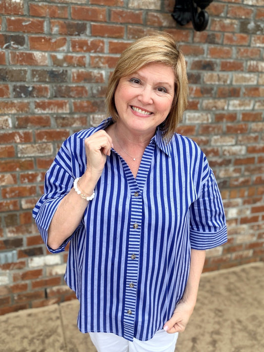 Striped Short Sleeve Button tab Top T31514 - Hello Beautiful BoutiqueTopEntro