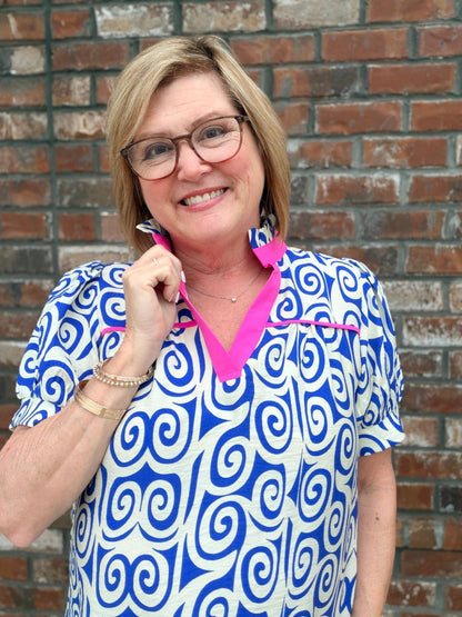 Swirl Print Top with Ruffled Neckline H50704-4 - Hello Beautiful BoutiqueTopJodifl