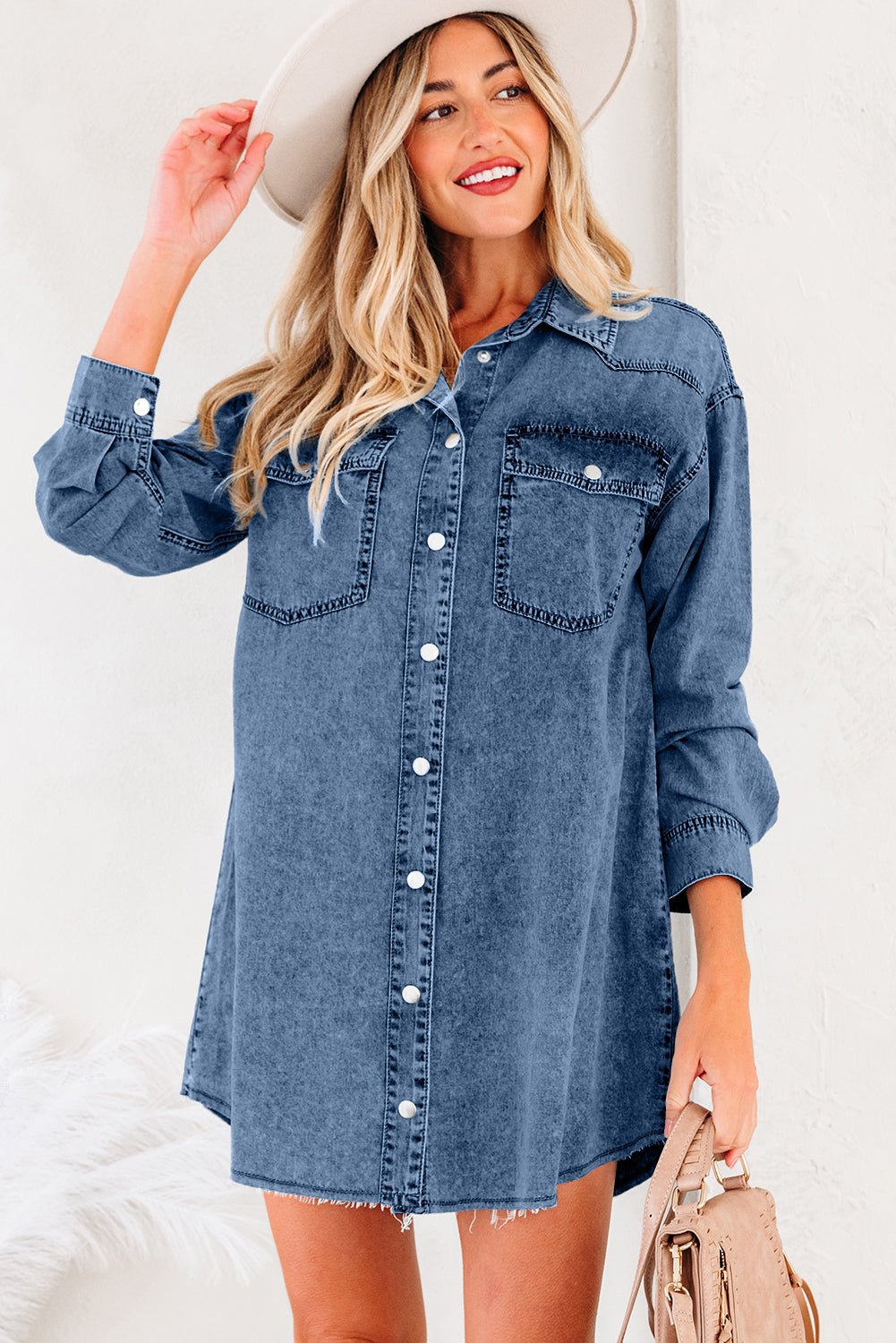 Takina Raw Hem Loose Shirt - Hello Beautiful BoutiqueMini DressesThreaded Pear