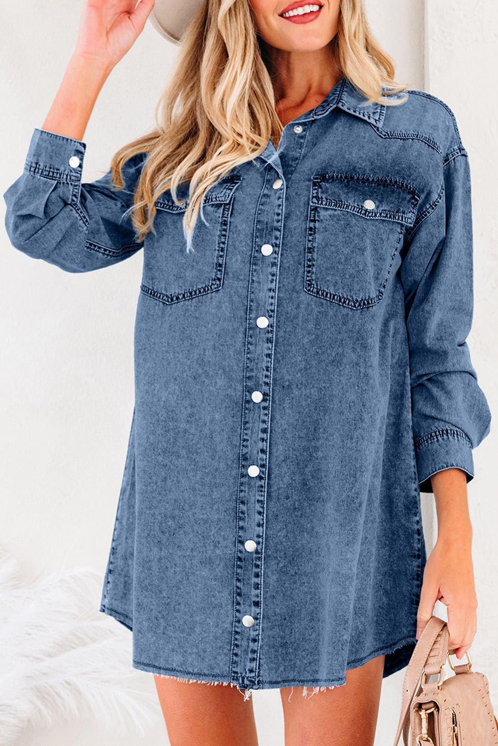 Takina Raw Hem Loose Shirt - Hello Beautiful BoutiqueMini DressesThreaded Pear