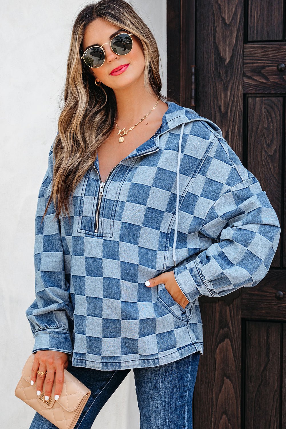 Taracella Checkerboard Zipped Kangaroo Hoodie - Hello Beautiful BoutiqueSweatshirts & HoodiesThreaded Pear