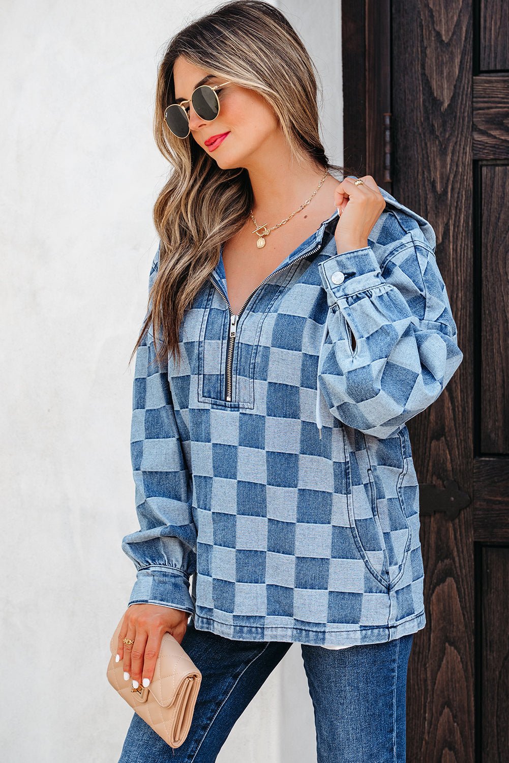 Taracella Checkerboard Zipped Kangaroo Hoodie - Hello Beautiful BoutiqueSweatshirts & HoodiesThreaded Pear
