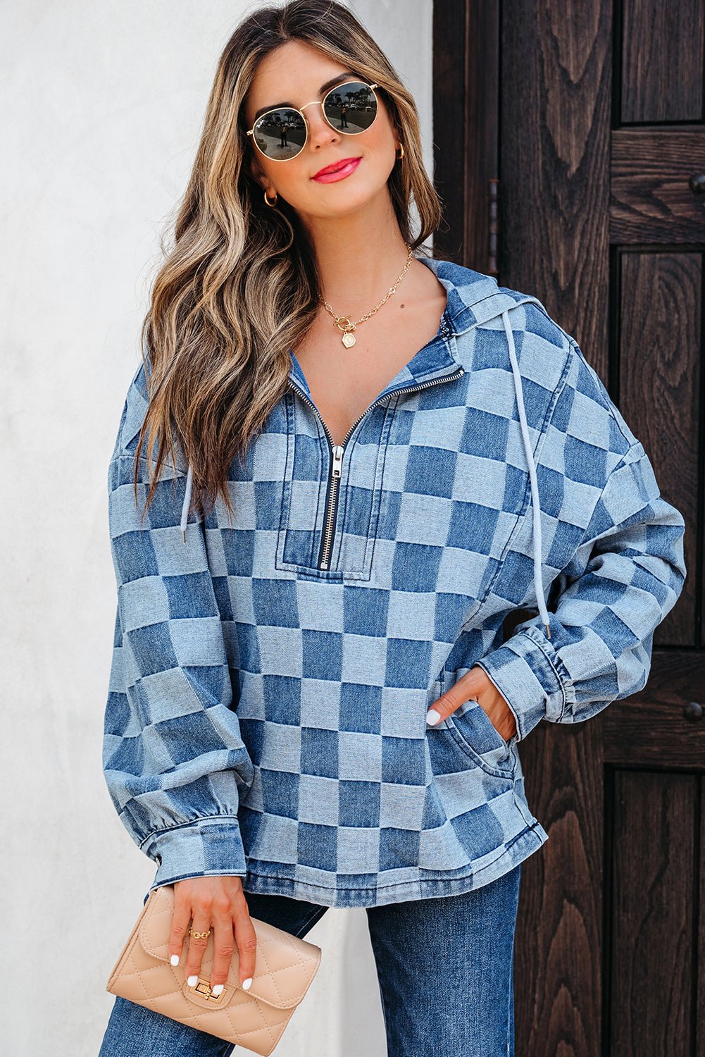 Taracella Checkerboard Zipped Kangaroo Hoodie - Hello Beautiful BoutiqueSweatshirts & HoodiesThreaded Pear