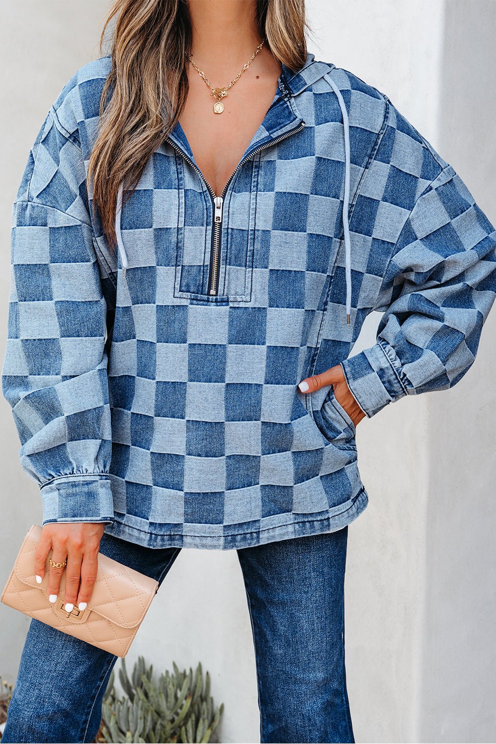 Taracella Checkerboard Zipped Kangaroo Hoodie - Hello Beautiful BoutiqueSweatshirts & HoodiesThreaded Pear