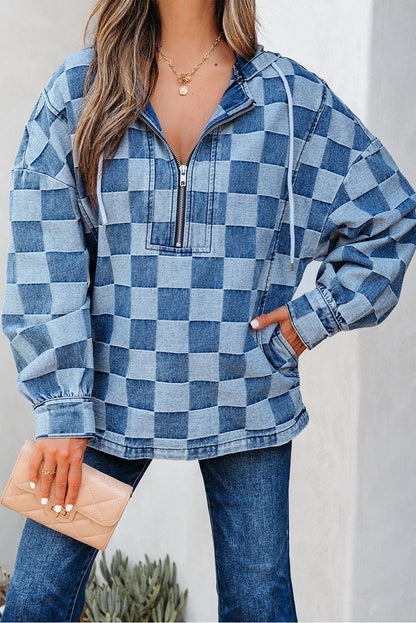 Taracella Checkerboard Zipped Kangaroo Hoodie - Hello Beautiful BoutiqueSweatshirts & HoodiesThreaded Pear