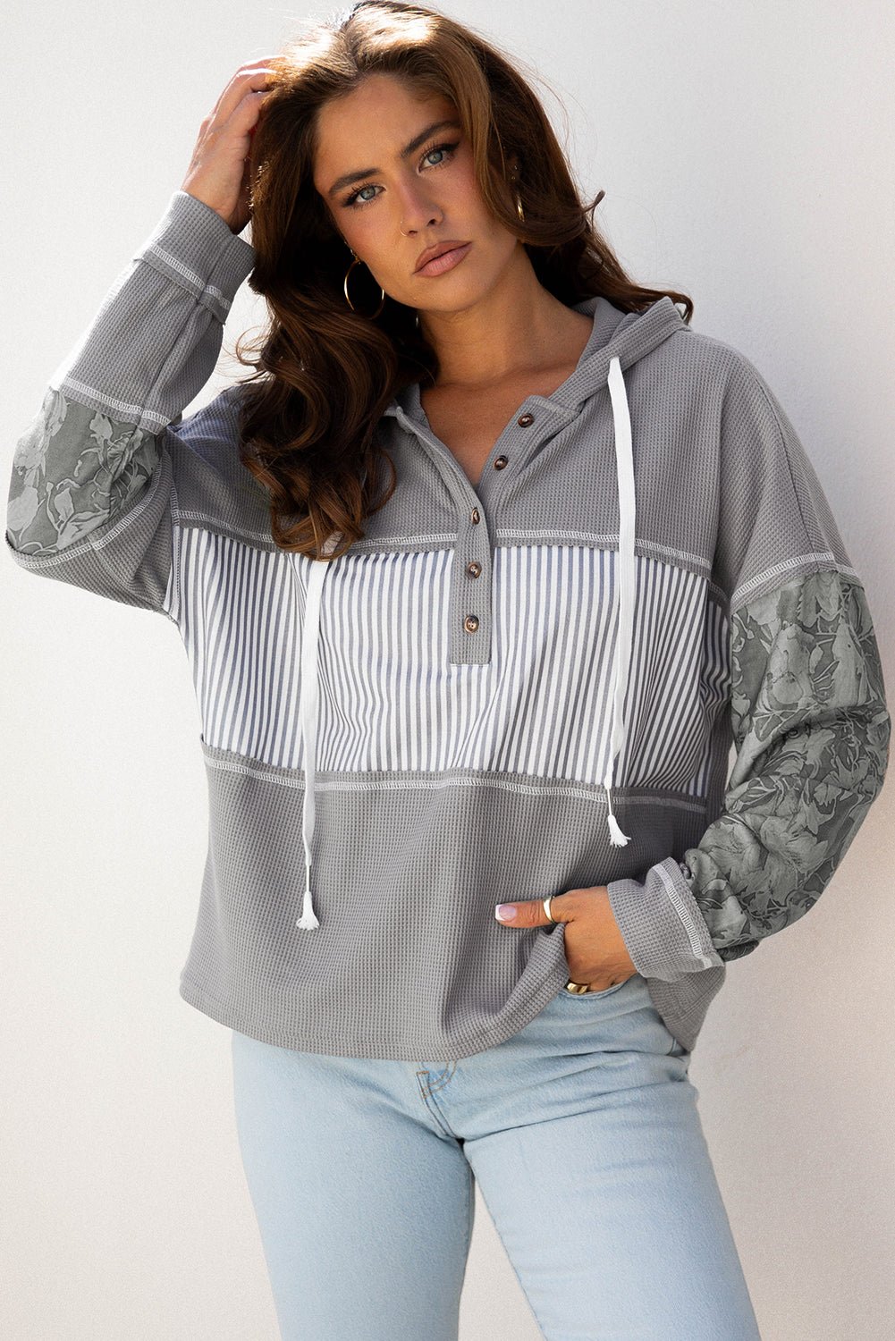 Taytum Patchwork Drawstring Hooded Long Sleeve Top - Hello Beautiful BoutiqueLong Sleeve TopsThreaded Pear